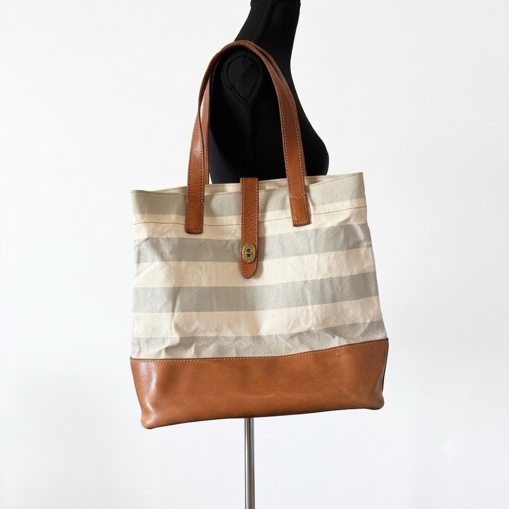 VTG Fossil Austin Shopper Tote Striped Tan Leather‎ Canvas Book Beach Bag FLAWS!